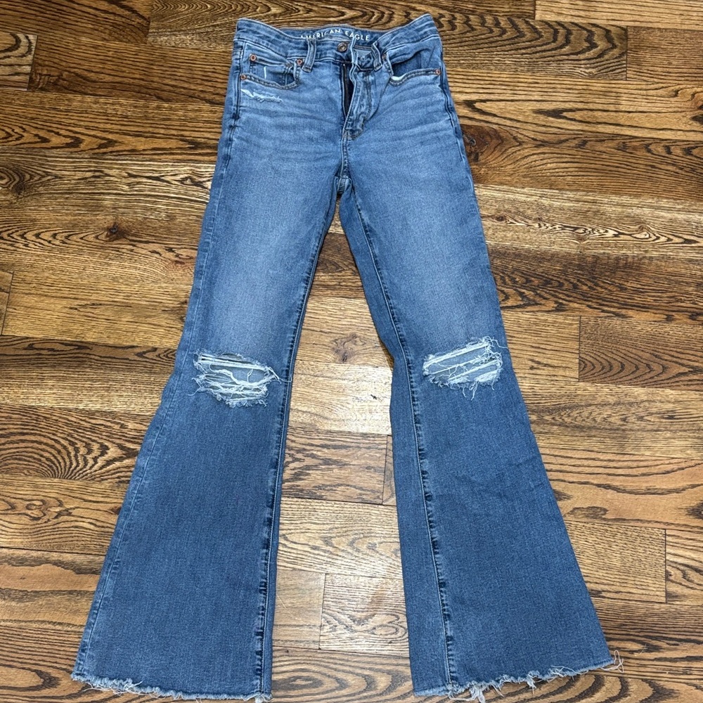 American Eagle Outfitters Distressed Blue Flare Jeans